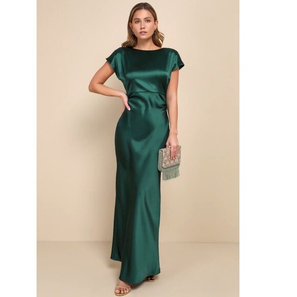 Lulus Captivating Presence Forest Green Satin Cowl Back Maxi Dress Small New NWT - Picture 1 of 6